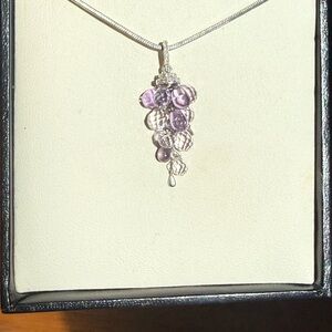 Elegant Amethyst Silver and Purple Grape Pendant Necklace w pave accent stones